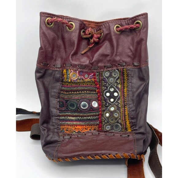 Vintage Hippie Boho Vegan Leather Backpack Banjara Embroidered Mirror Unique! - Picture 5 of 15